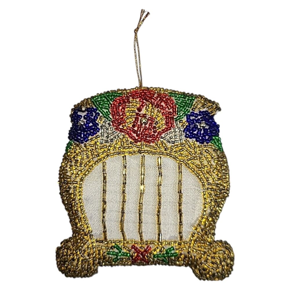 Vintage Handmade Glass‎ Beaded Plush Mandolin Lute Harp Christmas Ornament Music - Picture 2 of 4